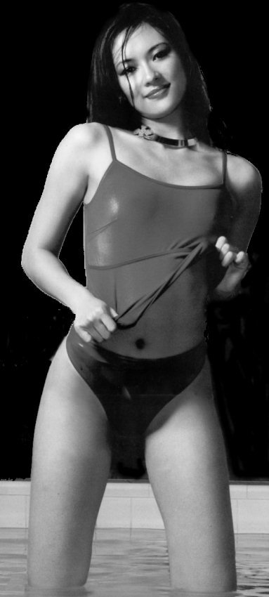 The beautiful chinese actress Zhang Ziyi is posing sexy around a pool, wet and sexy.